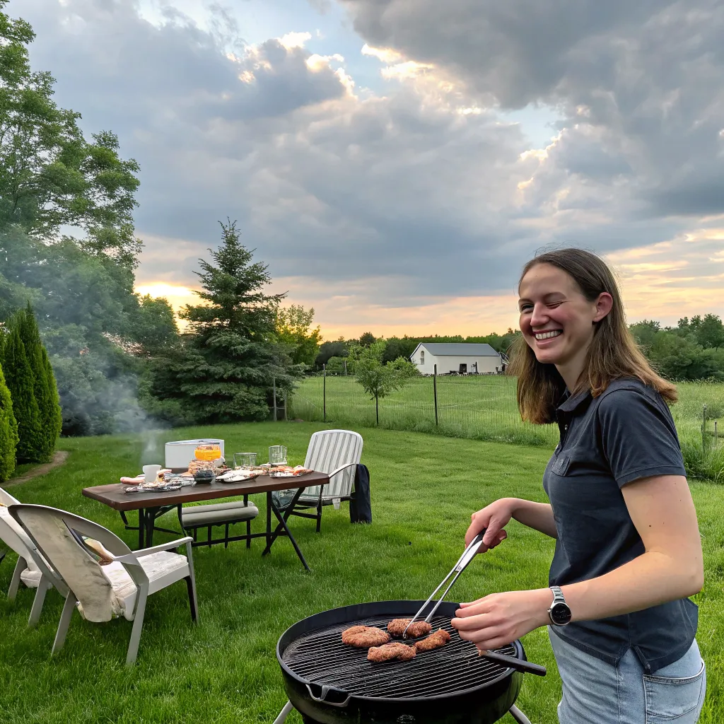 Emily grilling in her backyard with a smile