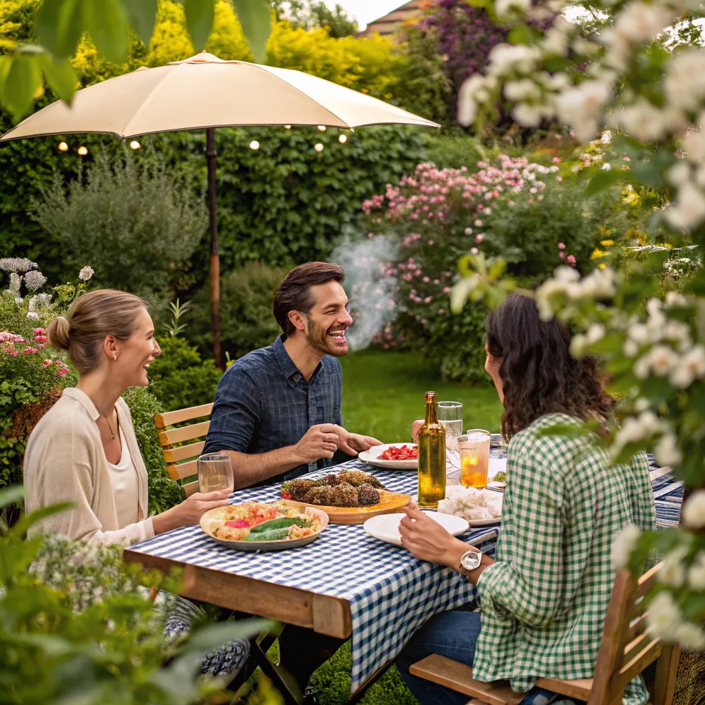Michael enjoying a grilled meal with friends at a garden party